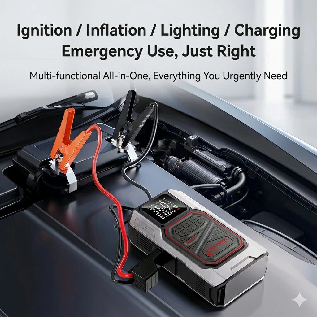 Multi-functional power station connected to a car battery with text highlighting its uses.
