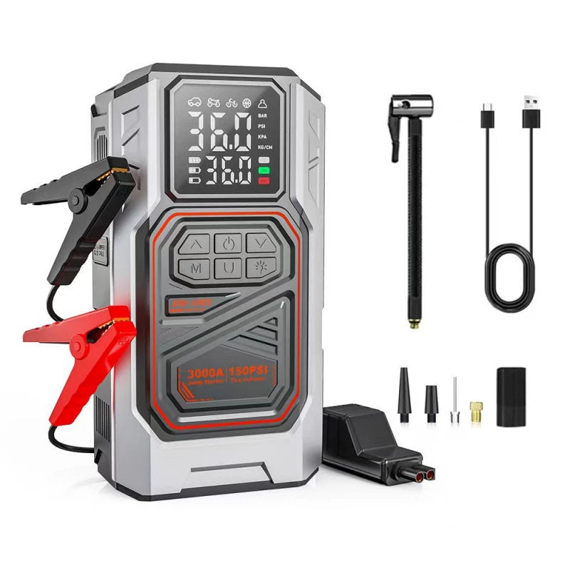 Multifunctional power station with digital display and various attachments on a white background