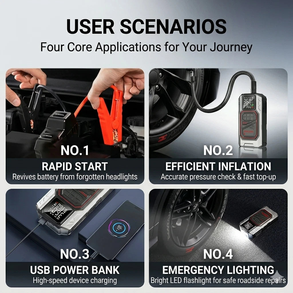 Four core applications for a portable car tool kit including rapid start, efficient inflation, USB power bank, and emergency lighting.