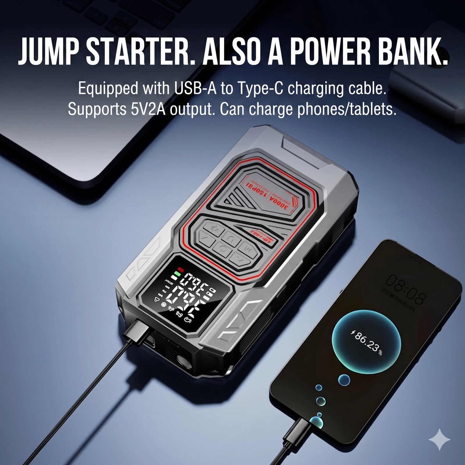 Jump starter and power bank with digital display on a blue background